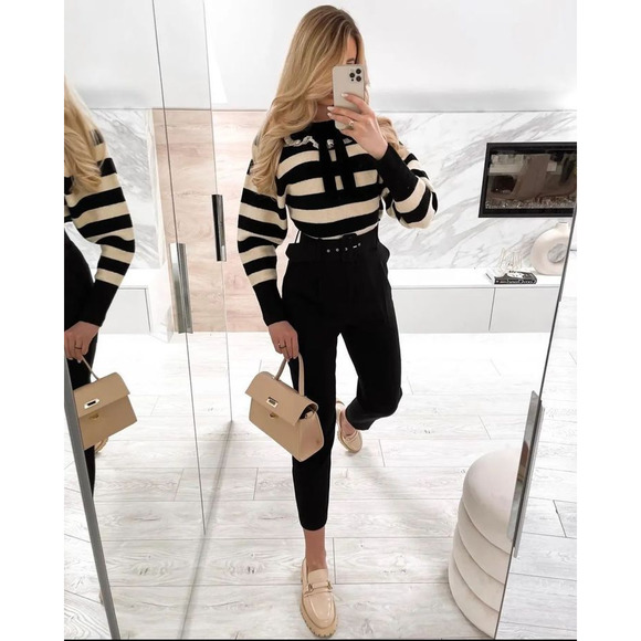 Zara Black Cream Striped Velvet Lace Trim Bow Collar Sweater Size Small - Picture 2 of 11